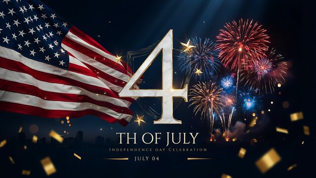 Fourth of July celebration with American flag and fireworks