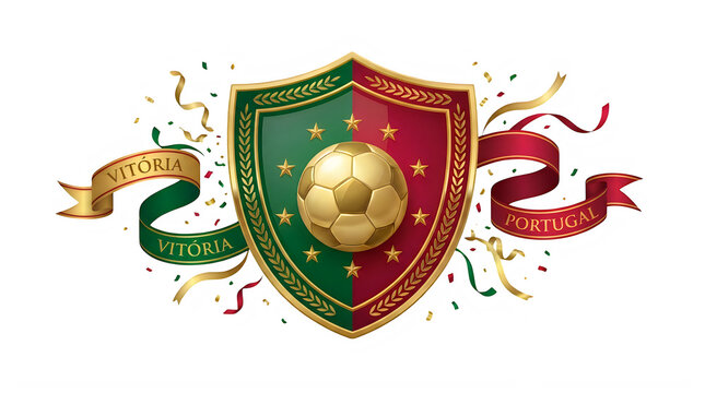 2026 football victory portugal team soccer emblem with gold ball and ribbons