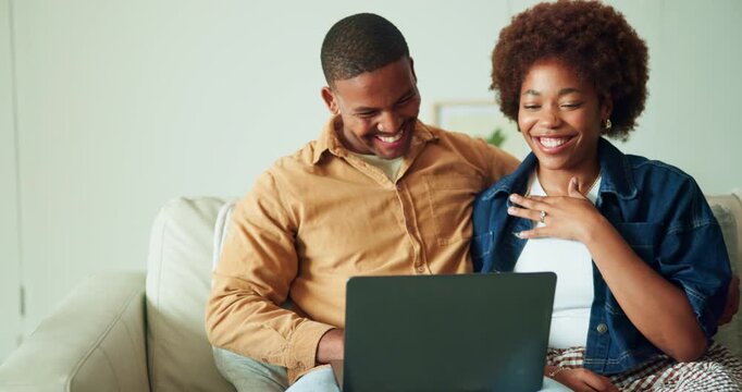 Couple, laugh and watching movie on couch with laptop, bonding together or funny joke for comedy show. Happy, married black people and relax in home with computer, streaming film or humor for series.