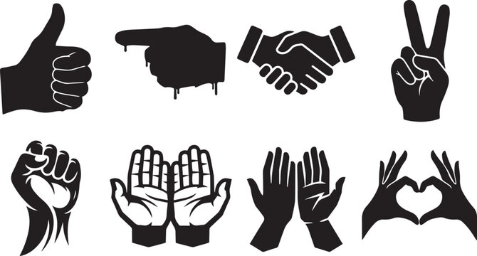 Vector collection of diverse hand gestures and communication signs isolated on a white background