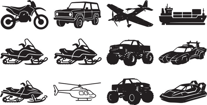 Transportation and offroad vehicle black silhouette vector icon set featuring motorcycle, truck, helicopter, and snowmobile