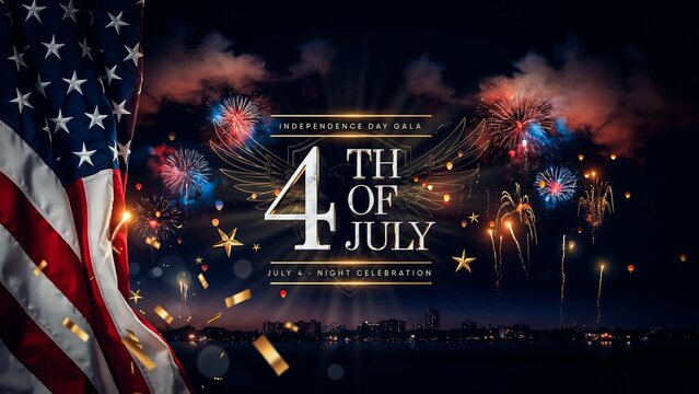 Fourth of July celebration with American flag and fireworks