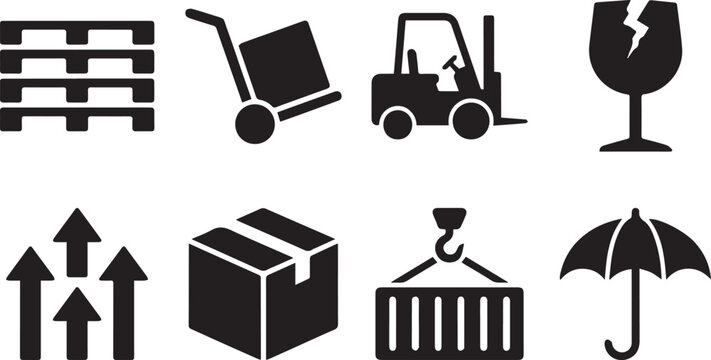 Logistics shipping and warehouse cargo handling black silhouette icon set isolated on white background