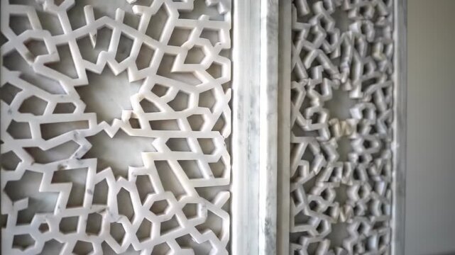intricate geometric star patterns carved into white marble, ornamental screen detail, traditional Islamic architecture motif