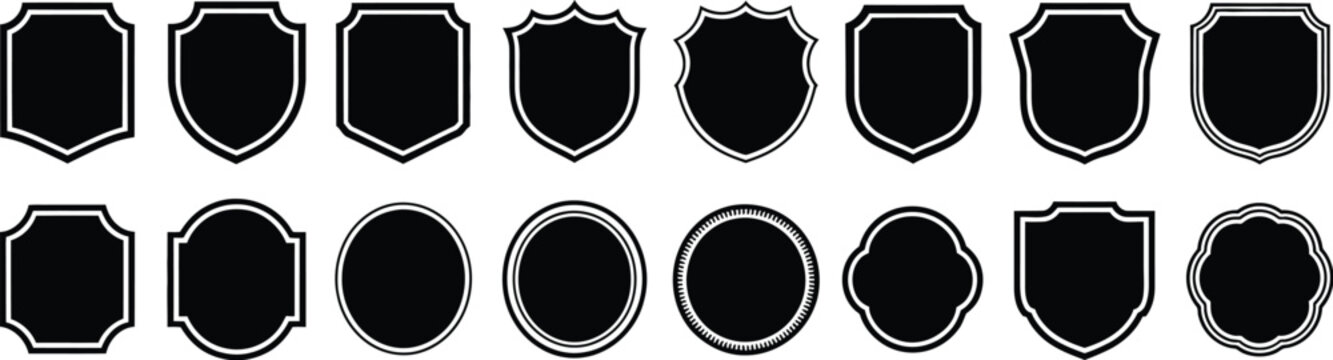 Badges shape, decorative black template set for patch design insignias overlays and vintage emblem graphics.