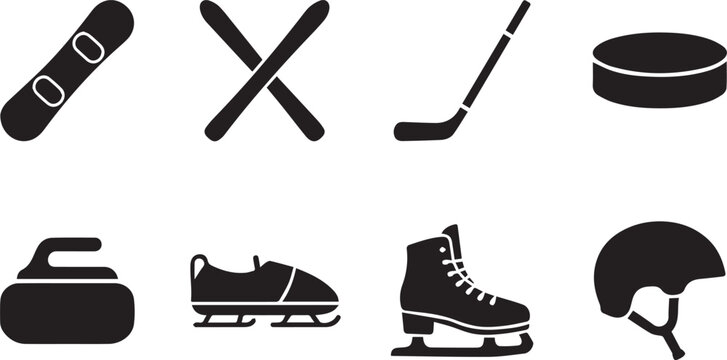 Winter sports gear black silhouette icon set featuring snowboard skis hockey puck and bobsled isolated
