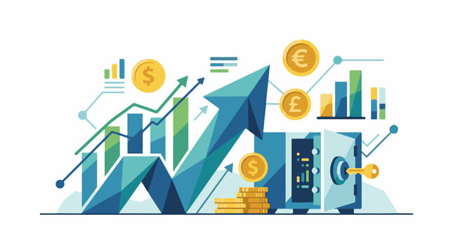 A colorful infographic depicts rising graphs and charts with coins and a safe