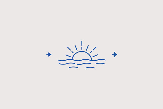 Gentle sun rising above calm ocean waves line icon for tropical beach resort travel agency, seaside hotel homepage layout. Peaceful vector illustration for marine morning.