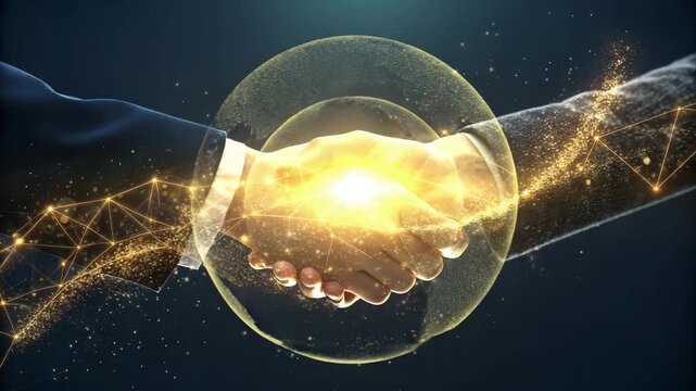Business handshake with glowing digital network connections and light particles in a dark studio setting