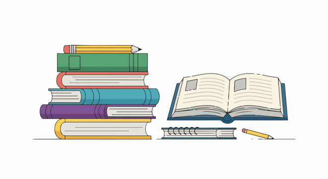Colorful illustration of stacked books with pencils and an open book