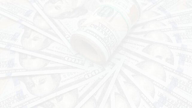 Close-up of fanned US hundred dollar bills with a rolled cash bundle moving into view to form a money background