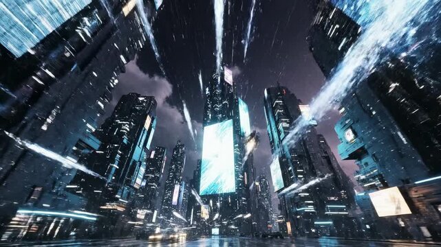 Futuristic cityscape with towering skyscrapers illuminated by vibrant neon lights and digital billboards, cinematic view from below at night
