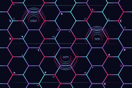 Hexagonal grid pattern with glowing neon pink and blue lines, binary code numbers, and circular pulse waves on a dark background technology