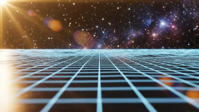 Abstract digital grid surface receding into a distant starry nebula, cosmic background with lens flares and light rays, futuristic space exploration