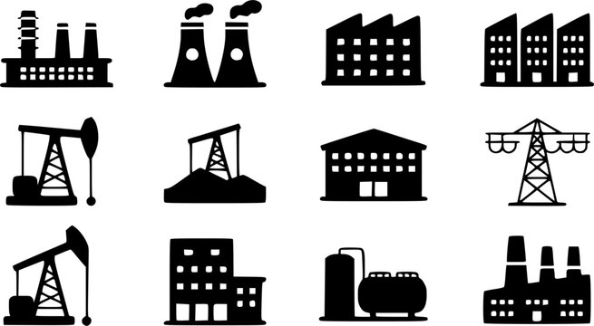 Industrial factory and heavy industry vector icon set featuring manufacturing plants, oil pump jacks, cooling towers, warehouse buildings, and power line pylons.