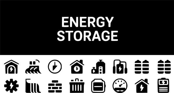 Renewable energy storage and battery power system vector icon set featuring smart grid technology, industrial accumulator facilities, and sustainable power plant symbols.