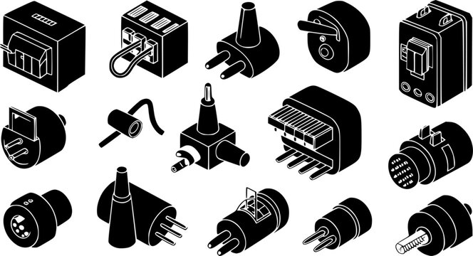 Isometric electrical components vector icon set featuring hardware switches, power plugs, electronic connectors, toggle buttons, and laboratory sockets on a white background.