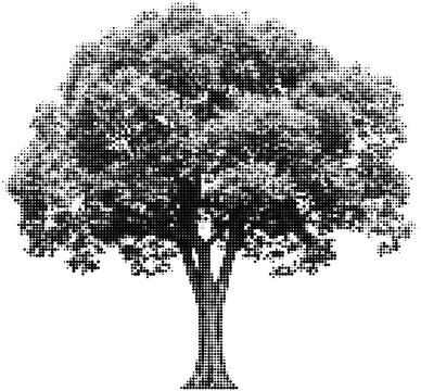 Large, full tree rendered in dot art, showcasing detailed foliage and trunk with artistic shading and graphic design elements.