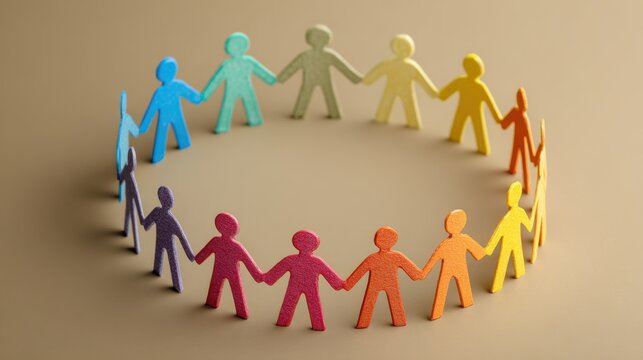 Colorful paper cutouts of people holding hands in a circle representing unity, diversity, and community spirit
