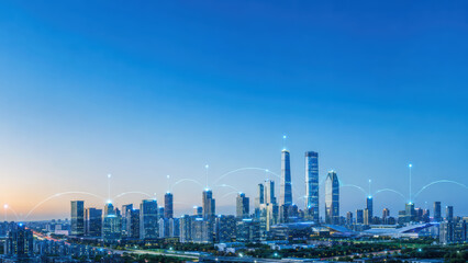 Fototapeta premium Connected smart city skyline with glowing digital communication network links