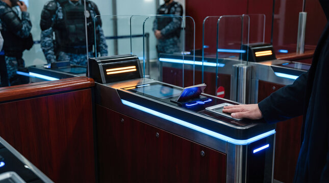 Traveler scanning biometric passport document at modern illuminated automated electronic border control gate terminal showing digital immigration security clearance check