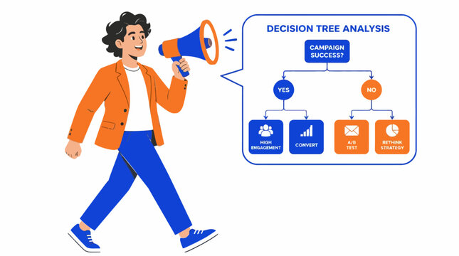 Businessman holding megaphone with decision tree analysis concept.