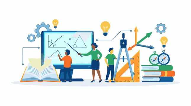 A colorful illustration of three people standing around a large computer monitor displaying math graphs and equations s