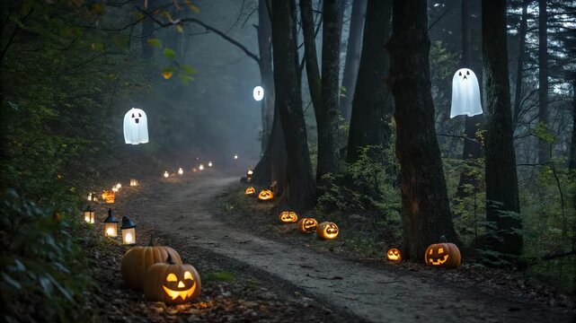 Eerie forest path lined with glowing pumpkins and spectral figures during a foggy night