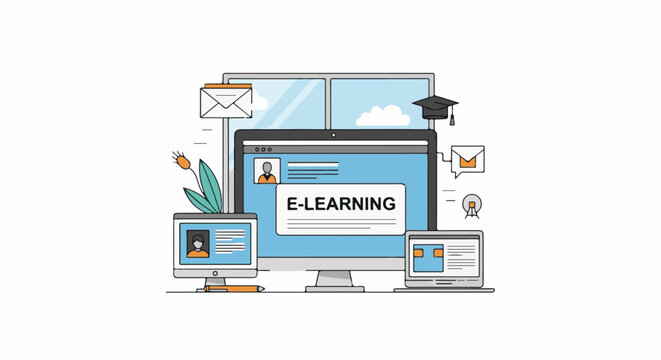 E-learning concept illustration with computer, laptop, and tablet