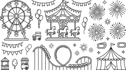Amusement park and carnival line icon set featuring ferris wheel carousel and roller coaster © MDBABULU