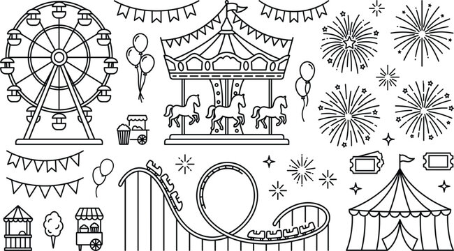 Amusement park and carnival line icon set featuring ferris wheel carousel and roller coaster