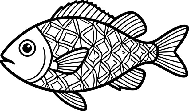 Outline of a decorative fish with geometric patterns, black and white illustration