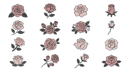 Collection of pink rose floral icons and blossom symbols © linggo