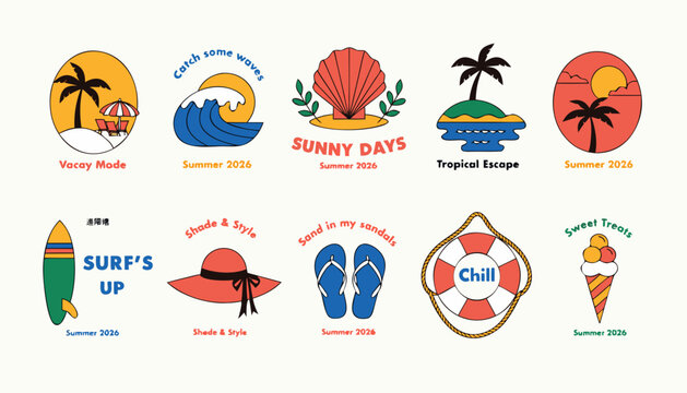 Summer 2026 vacation emblems and icons depicting beach surf relax and tropical scenes.