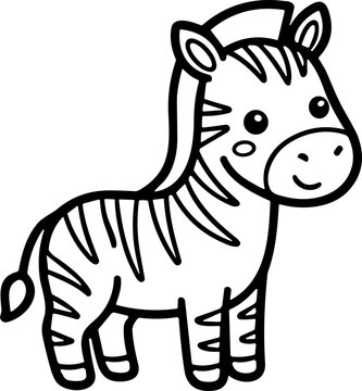 Cute cartoon zebra illustration, black and white outline for coloring, simple vector art.