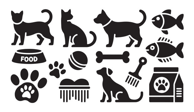 Collection of black pet shop icons featuring cat dog fish food bowl and accessories items.