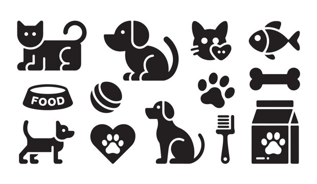 Domestic animal care and pet supply icons for retail stores and veterinary service design.