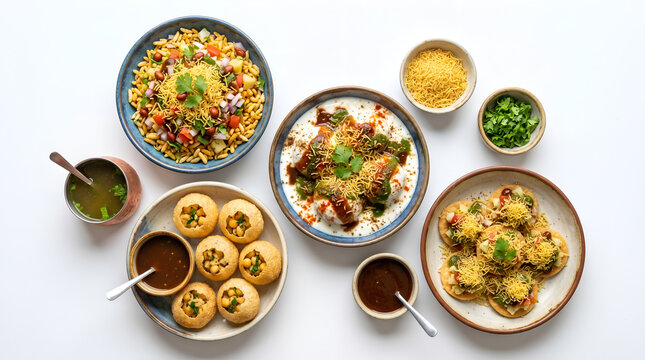 Top view of traditional Indian street food chaat platter including panipuri, bhel puri, dahi vada, and sev puri on a white background.
