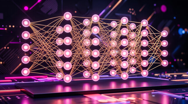 Artificial neural network architecture glowing pink nodes connected by complex golden lines deep machine learning algorithm modern future intelligence digital technology concept