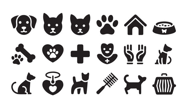 Collection of vet icons for animal care, clinic and pet services with dog and cat.
