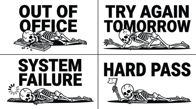 Four panel comic strip featuring human skeletons in humorous situations with text captions out of office, try again tomorrow, system failure, hard pass