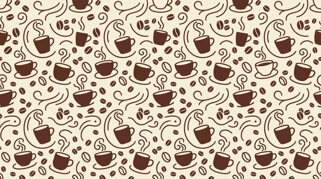 Seamless pattern of brown coffee cups and roasted coffee beans on a light beige background, for cafe and, beverage themed decor projects