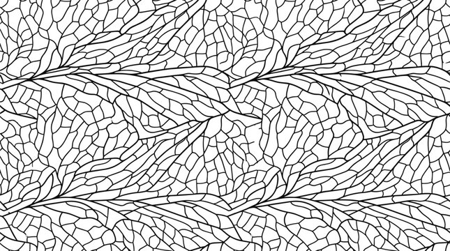 Seamless pattern of intricate insect wing veins, black and white texture of dragonfly wing structure for backgrounds
