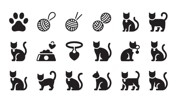 Black cat silhouettes and toys set including yarn balls food bowls and heart neck collar.
