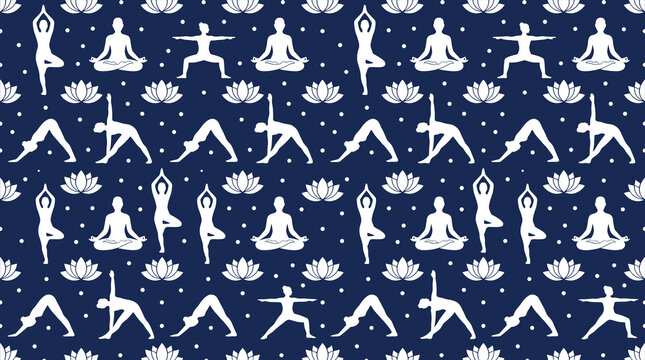 Seamless pattern with white yoga poses and lotus flowers on a dark blue background, for wellness themes