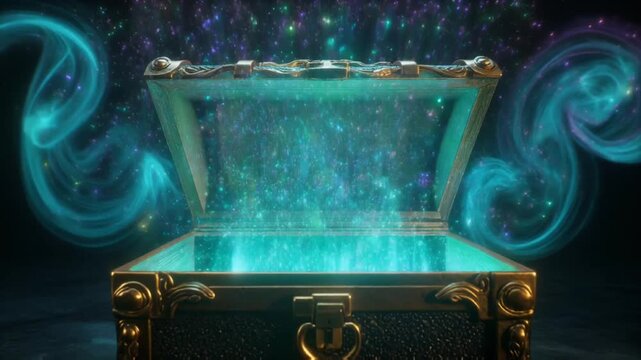 Magical treasure chest emitting glowing energy swirls and sparkling particles in a dark mystical environment