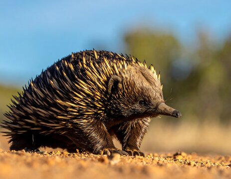 A spiky echidna walks across dusty ground under a clear blue sky, displaying its long snout and distinctive quills