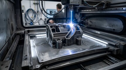 Fototapeta premium Industrial 3D printer creating metal part with laser fusion, advanced manufacturing concept