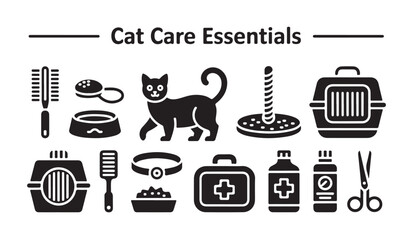 Cat care essentials vector icon set with various tools and supplies for feline pets. © parul