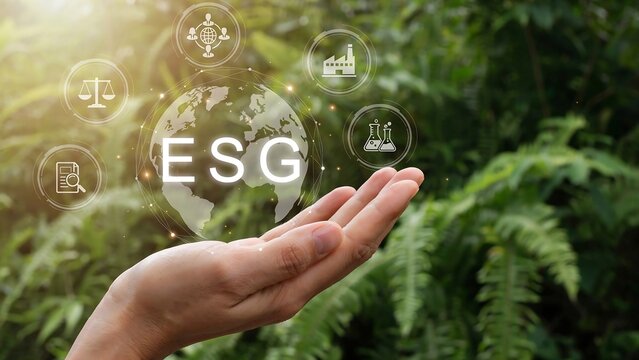 A hand presenting ESG icons above a lush green forest background with a globe
